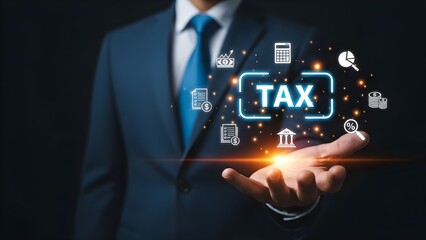 Businessman in a suit presents a glowing "TAX" graphic surrounded by financial icons on his open palm.