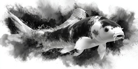 Detailed tattoo mockup design featuring a koi fish with intricate patterns in a black and white watercolor effect