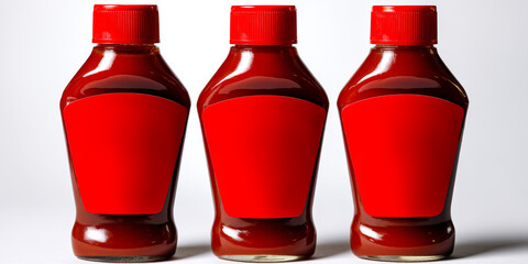 Three vertical ketchup bottles with red packaging on a neutral background, highlighting color and shape