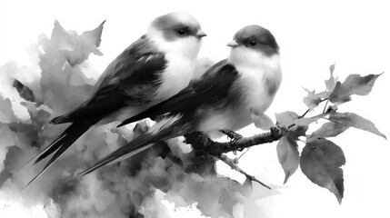 Two lovebirds perched closely together on a branch surrounded by gentle leaves, showcasing affection and tranquility