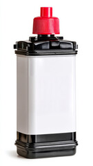 Vertical ink refill container with a bright red cap, isolated on a white background, showcasing a plain label surface
