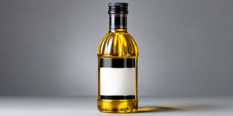 Vertical bottle of cooking oil with a blank label set against a neutral gray background, showcasing its golden liquid and shape