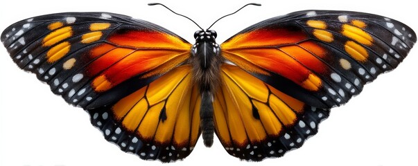 Detail of a vibrant monarch butterfly showcasing intricate patterns in orange and black hues against a white background