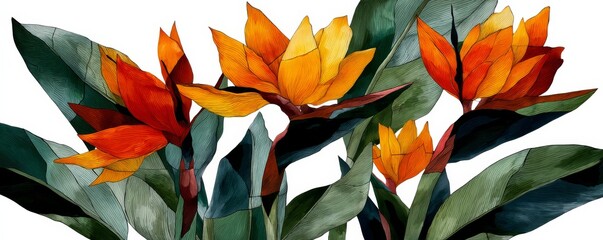 Vibrant stained glass depiction of tropical flowers with autumn hues showcasing intricate patterns and details