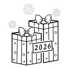 Year Wrapped With Surprises 2026 concept, Unbox the Magic of Twenty Twenty six vector icon design,  Gift Boxes tagged with 2026 with fireworks stock illustration