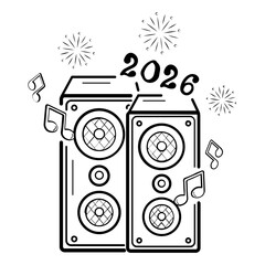 Turn Up the Volume for 2026 concept, Sound of Twenty Twenty Six Celebration vector icon design, Multimedia Speaker with Fireworks New Year beginning stock illustration
