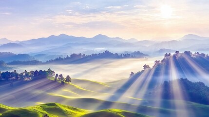 A beautiful landscape of rolling green hills, mountains, and trees, with sunlight rays piercing through the clouds at dawn.