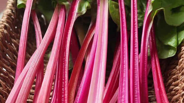  Swiss chard with bright red and orange stalks and green leaves in basket
