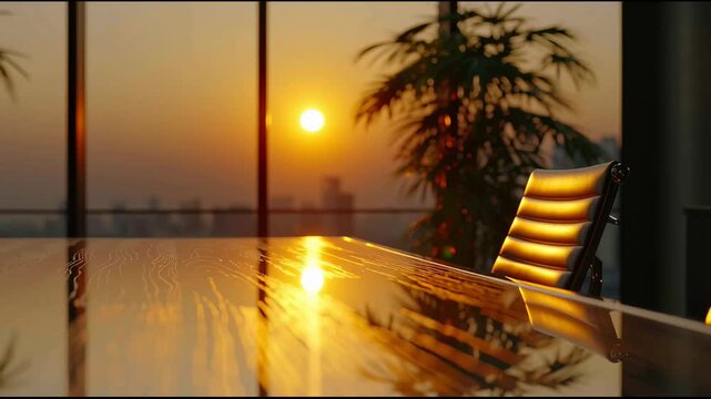 2026 entrepreneur vision office sunset conference room wood table leather chair reflection warm light inspiring atmosphere sunset