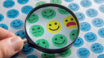 Magnifying glass examining diverse smiley faces with varied expressions emotions happy