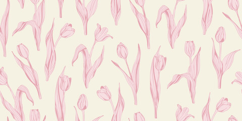 Soft pastel seamless pattern with tulip flowers and buds in line art. Hand drawn flower background for for spring branding, wedding, nursery decor, textile prints, wrapping paper
