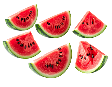 Six vibrant red watermelon slices with black seeds and green rinds