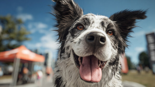 A close-up shot of a cheerful dog, its tongue lolling out, against a backdrop of buildings and a clear, sunny sky