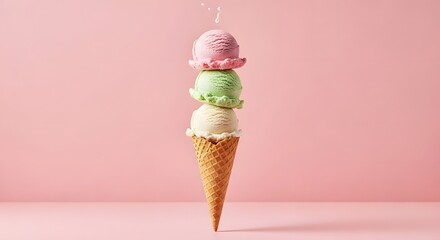 Tall ice cream cone with three colorful scoops