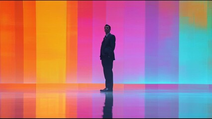 Silhouette entrepreneur vision businessman standing before vibrant color gradient wall expressing hope and ambition 2026 - Powered by Adobe