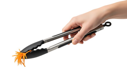 Preparing fresh carrots  hand holding kitchen tongs with carrot shreds isolated on transparent background