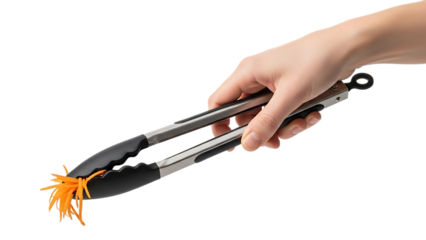 Preparing fresh carrots  hand holding kitchen tongs with carrot shreds isolated on transparent background
