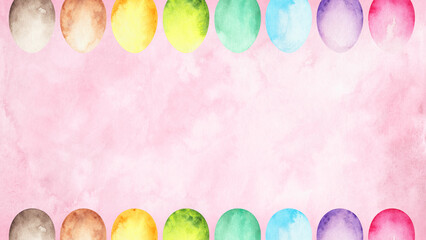 Soft pink Easter background with colorful watercolor eggs forming a playful top and bottom border. A cheerful, kid-friendly spring design perfect for cards, posters, worksheets, and holiday invitation