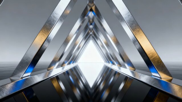 Geometric metallic triangle structure with reflective surfaces and blue lighting