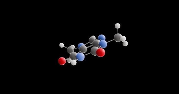 Theobromine molecule, rotating 3D model of trimer of alkaloid, looped video on a black background
