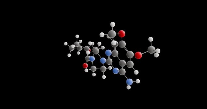 Terazosin molecule, rotating 3D model of trimer of sclerosing agents, looped video on a black background
