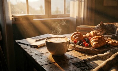 coffee and croissant, vintage and aesthetic. AI