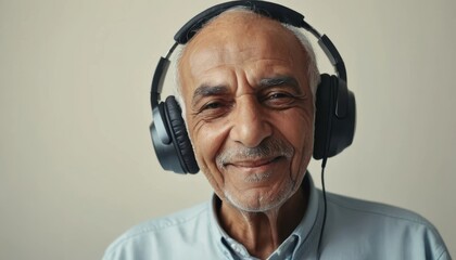 Elderly man enjoying music with headphones in a relaxed indoor setting Generative AI