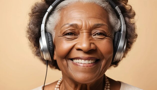Smiling elderly woman enjoying music with headphones on a warm background Generative AI - Powered by Adobe
