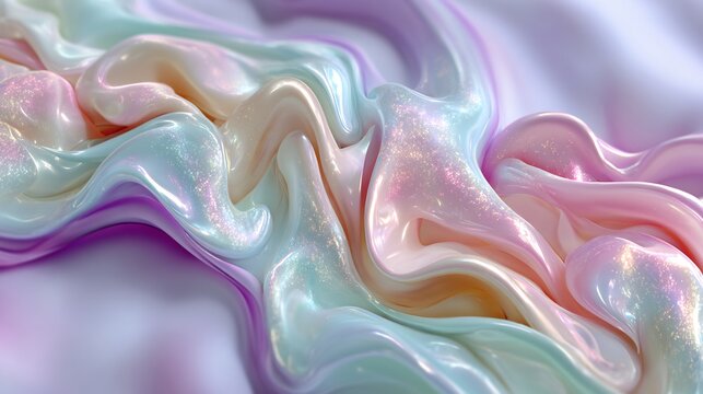 Business background featuring liquid light bio circuitry iridescent flowing pattern resembling organic neural pathway glowing soft mutable pastel color peach mint lavender across smooth pearl white
