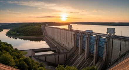 Sunrise over a massive dam, reflecting on a serene lake.  Forest and hills surround the water