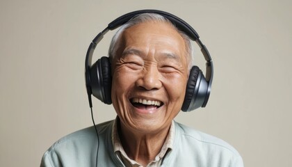 Joyful elderly man enjoying music with headphones on, smiling brightly Generative AI