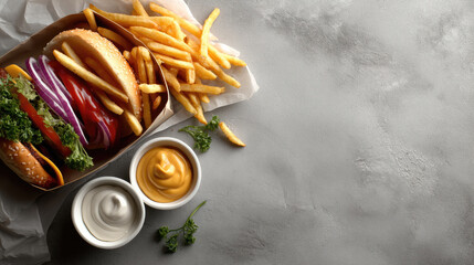 Burger fries mustard mayonnaise lettuce tomato onion sesame bun fast food lunch delicious meal gray background