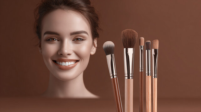 A portrait of a woman with makeup brushes, showcasing beauty and elegance. The brushes are arranged in a row, with the woman smiling