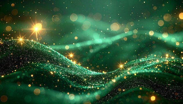 Luxurious emerald green abstract background featuring shimmering golden particles, dynamic light waves, and sparkling bokeh effects for elegant designs and festive celebrations