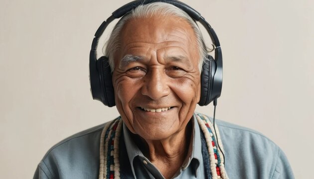 Elderly man enjoying music while wearing headphones during a relaxed moment Generative AI