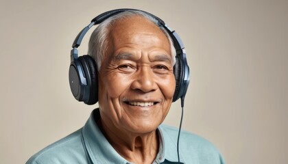 Elderly man enjoys music with headphones in a relaxed indoor setting Generative AI