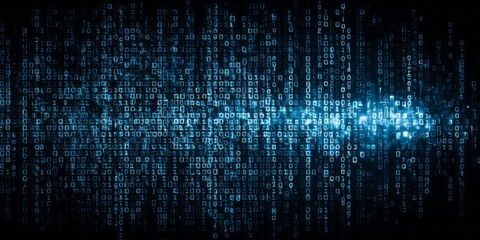 Digital stream of binary code flows across a dark background with centralized light emphasis