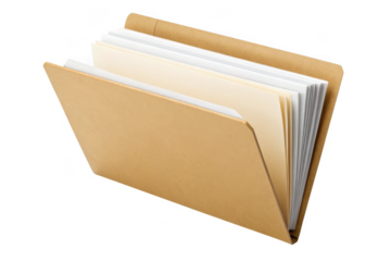 Open manila folder with documents isolated on transparent background