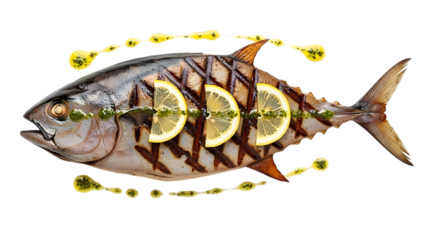 Grilled tuna fish with lemon slices and green sauce isolated on transparent background  seafood delicacy