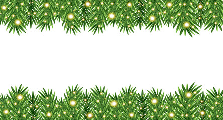 realistic christmas fir branches garland border with glowing fairy lights on top and bottom. festive evergreen frame with blank center for holiday and new year designs