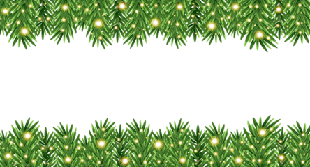 realistic christmas fir branches garland border with glowing fairy lights on top and bottom. festive evergreen frame with blank center for holiday and new year designs