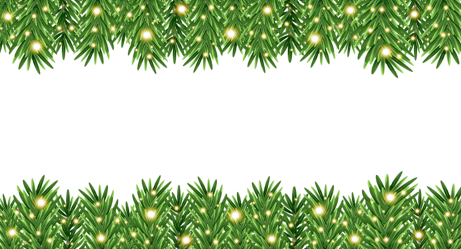 realistic christmas fir branches garland border with glowing fairy lights on top and bottom. festive evergreen frame with blank center for holiday and new year designs - Powered by Adobe