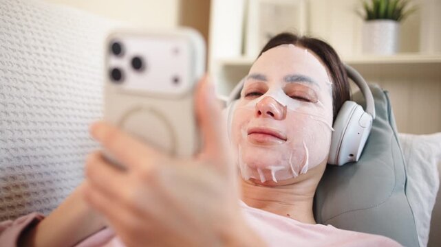 Young woman relaxing on a couch, wearing headphones, using a smartphone with a soft background, showcasing modern technology and leisure lifestyle with copy space