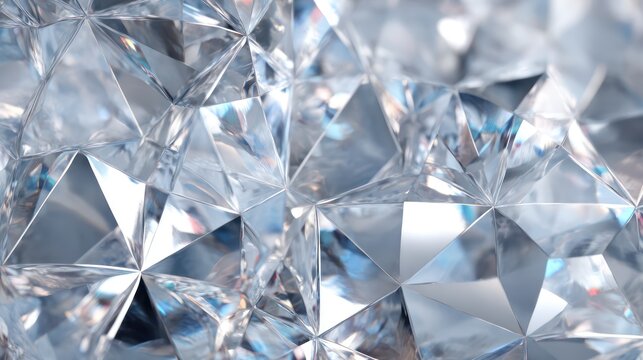 Polished quartz shards arranged in tessellated triangular mosaic gradients reflecting across facets Ultra-detailed clarity captures sharp edges under