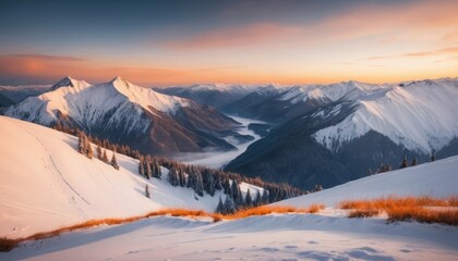 Majestic winter landscape at sunset with snow-capped mountains and valleys Generative AI