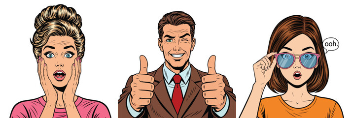 Three people in pop art style react to something. One woman is shocked, a man gives two thumbs up, and another woman looks through sunglasses.