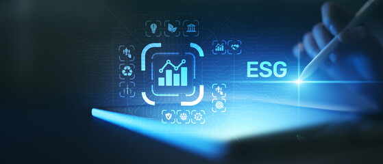 ESG Data Analytics and Sustainable Investment Strategy Illustrated on Digital Interface.