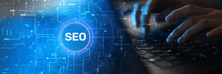 SEO and Digital Marketing Optimization Illustrated on Futuristic Interface.