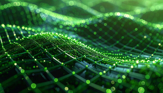 Abstract Green Network: The digital realm visualized as a vibrant, interconnected network, its undulating lines and points forming an abstract, dynamic landscape.