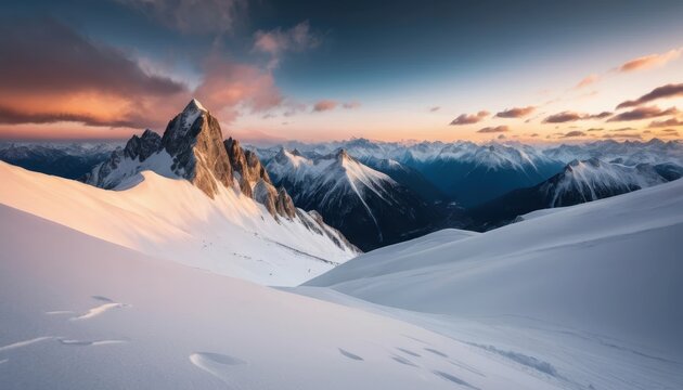 Majestic snow-covered peaks at sunset illuminating the mountain range Generative AI